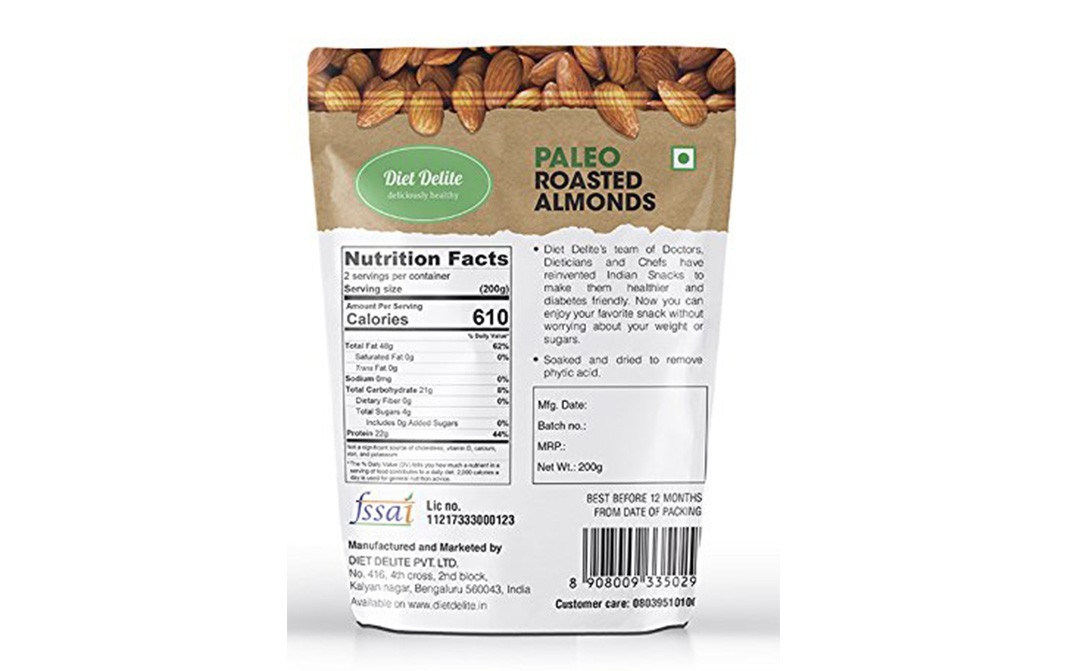 Diet Delite Paleo Roasted Almonds    Pack  200 grams